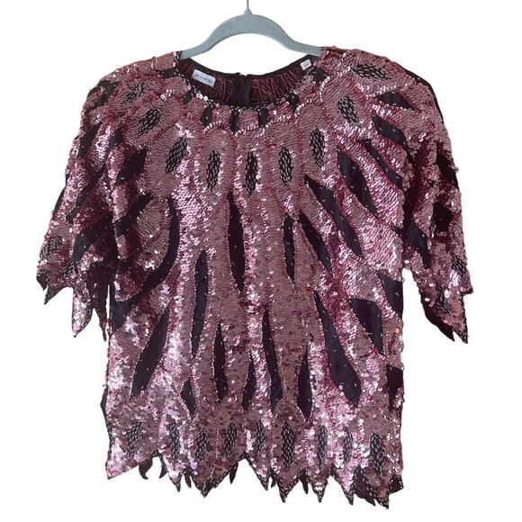 Vintage Womens Top Size 44 Pink Handmade Beaded Sequin Flame Pattern Pure Silk - Picture 9 of 13